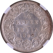 NGC MS 62 Graded Silver Quarter Rupee Coin of Victoria Empress of Bombay Mint of 1898.