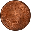 Copper One Twelfth Anna Coin of Victoria Empress of Calcutta Mint of 1899 with Toning.