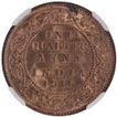 Very Rare NGC MS 64 RD Graded Bronze One Quarter Anna Coin of King George V of Calcutta Mint of 1916.