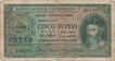 Cinco Rupias Banknote of Banco Nacional Ultramarino of Indo Portuguese of 1945.