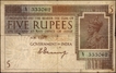 Rare Five Rupees Banknote of King George V Signed by H Denning of 1925 printed in England.
