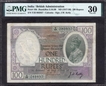  Extremely Rare PMG 30 Graded One Hundred Rupees Banknote of King George V Signed by J W Kelly of 1928 of Calcutta Circle. 