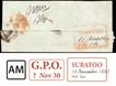Extremely Rare Pre-Stamp Post-Paid Cover dispatched from Subatoo in 1843.
